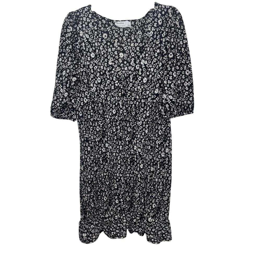 Berksha Black White Ditsy Floral Smocked Cottage Mini Dress Ruffle Small